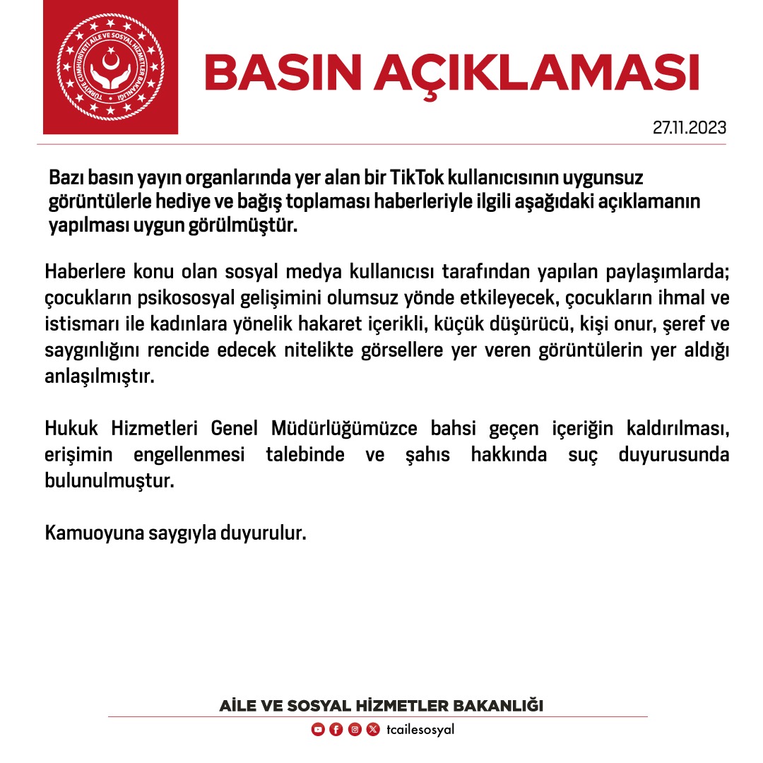 AİLE BAKANLIĞI BASIN AÇIKLAMASI
